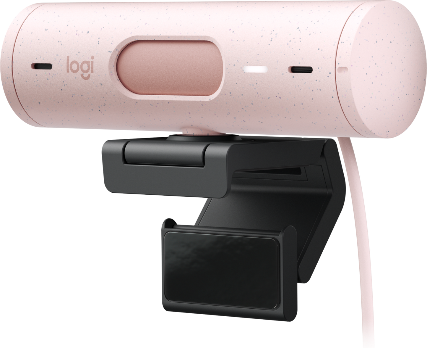 Logitech Brio 500 Pink webcam front view with glass lens and privacy shutter