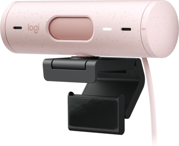 Logitech Brio 500 Pink webcam front view with glass lens and privacy shutter