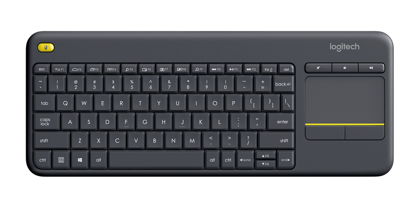 Logitech Wireless Touch Keyboard K400 Plus with integrated touchpad, in black color.