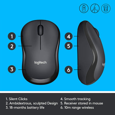 Logitech M220 Silent Wireless Mouse top and side view charcoal colour