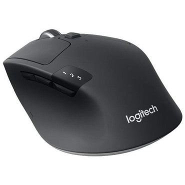 Logitech M720 Triathlon multi-device wireless mouse in black color with visible side buttons and the Logitech logo on the bottom.