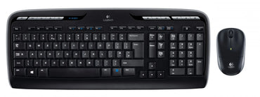 Logitech MK330 Wireless Keyboard and Mouse Combo, full-sized keyboard with a compact mouse, both in black color.
