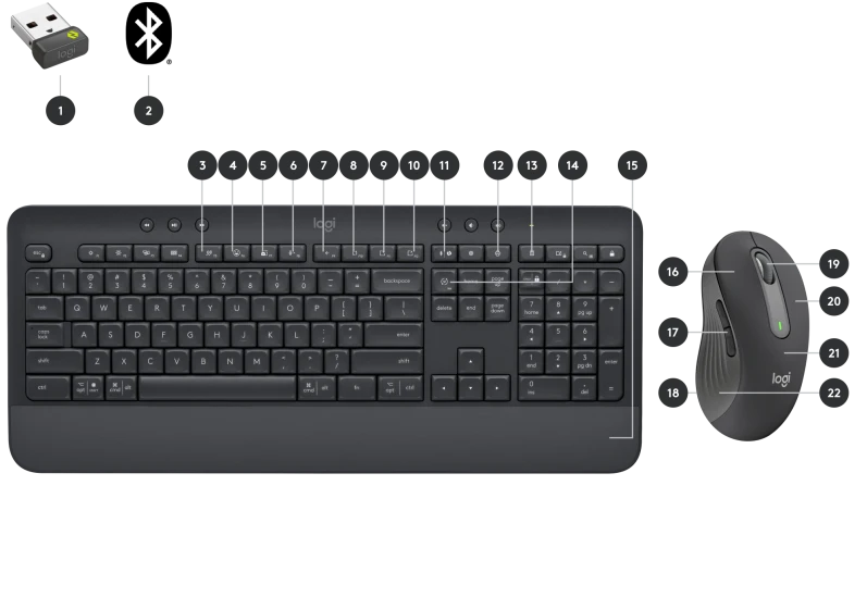 Logitech Signature MK650 Keyboard and Mouse Combo, full-size keyboard with numpad, ergonomic design, accompanied by a wireless mouse with programmable buttons.