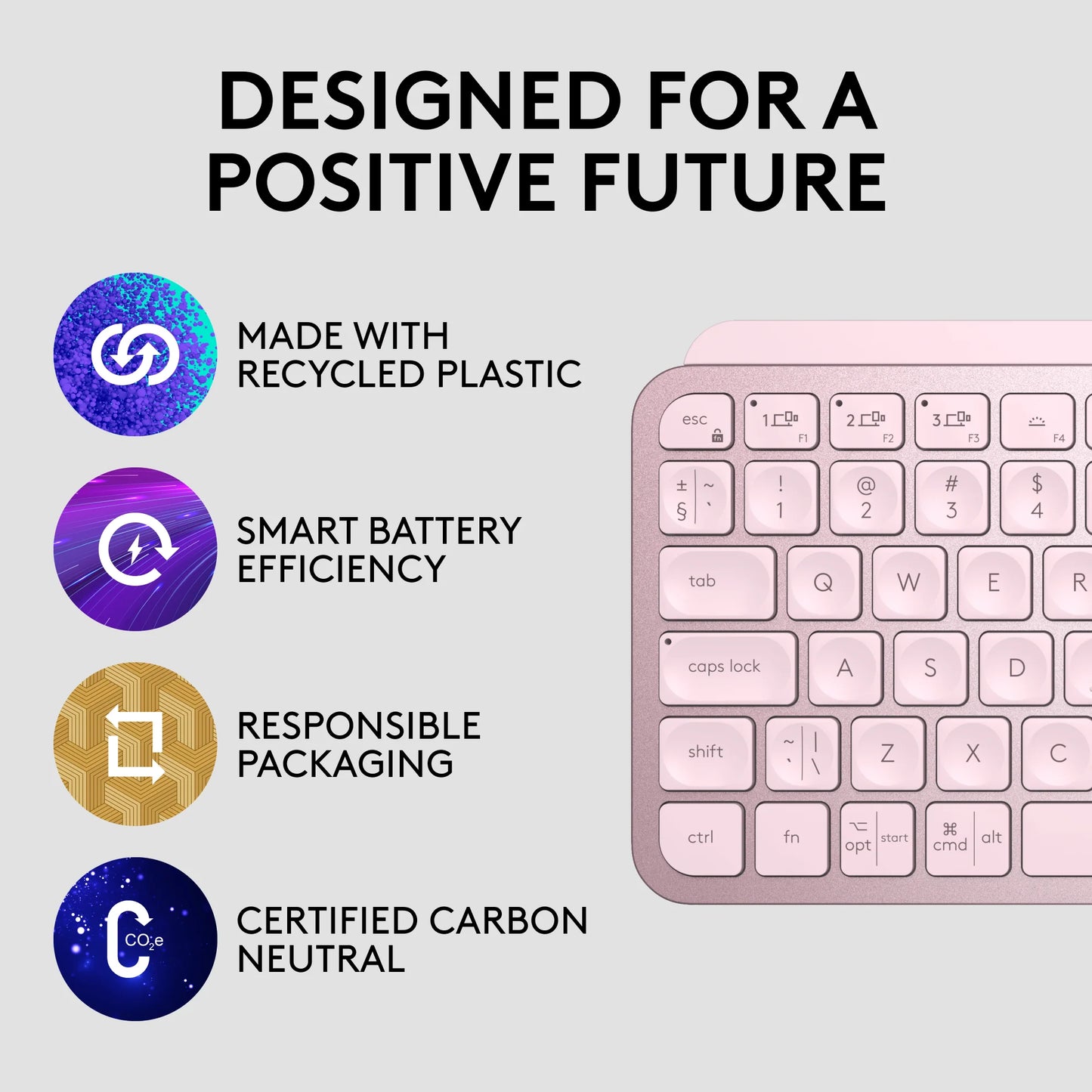 MX Keys Mini Gray side angle slim compact keyboard designed for a positive future