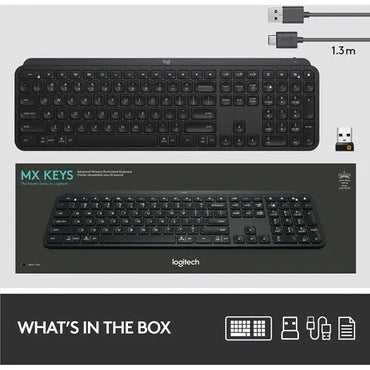 Logitech MX Keys Plus Advanced Bluetooth Illuminated Keyboard with a USB receiver, showing the top and side views of the keyboard, including the palm rest.