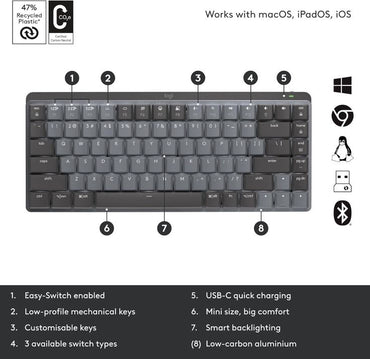 Logitech MX Mechanical Mini top view with low-profile keys and multiple OS compatibility