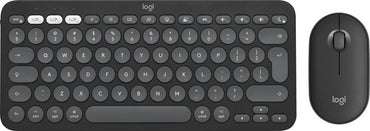 Logitech Pebble 2 Wireless Keyboard and Mouse Combo in black color, showing the keyboard with keys visible and the mouse with a scroll wheel.