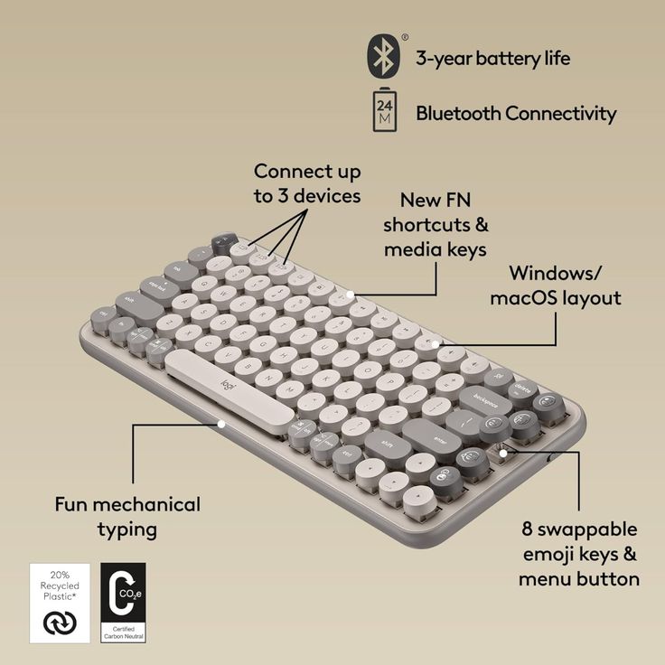 Close up of Logitech Pop Keys with guided instructions with 3 year battery life