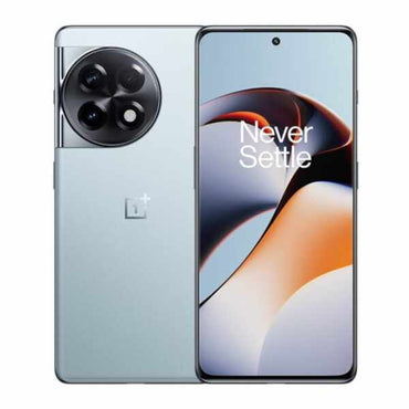 OnePlus 12R smartphone showing the rear camera setup and the 'Never Settle' logo on the screen, in a blue color.