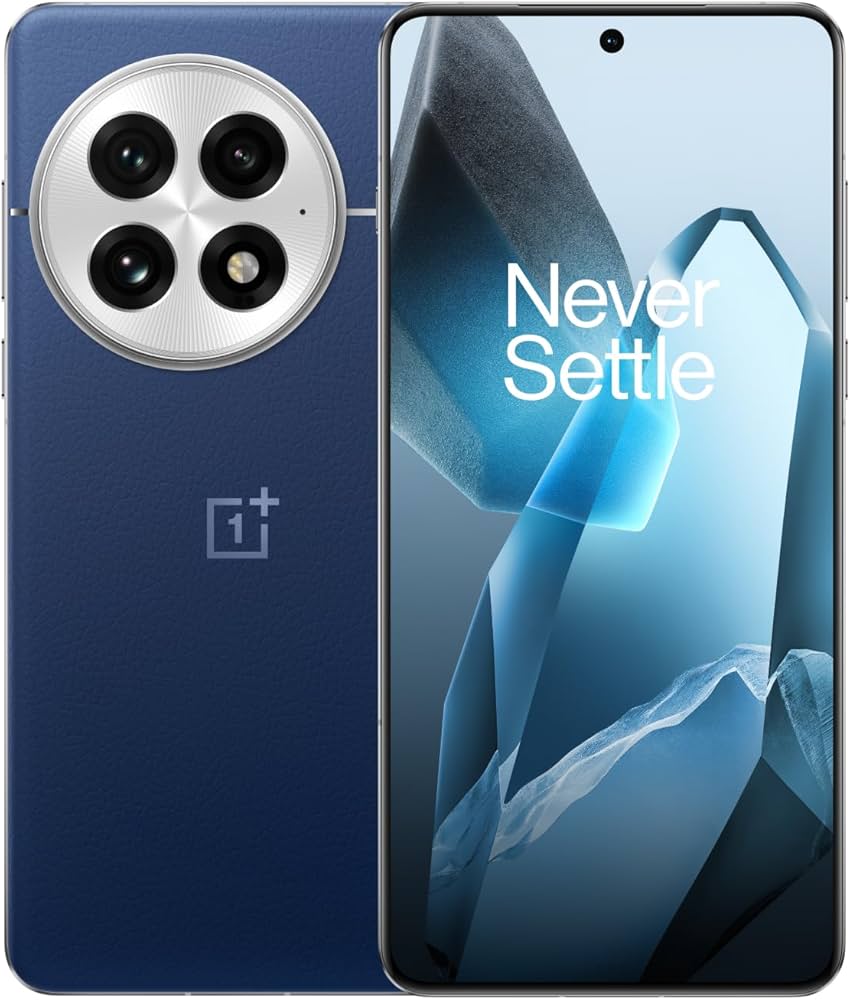 Blue OnePlus 13 smartphone showing the rear camera array and the brand logo on a blue background, with the display turned on showing the text 'Never Settle'.
