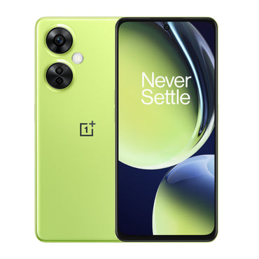 Green OnePlus Nord CE 3 Lite smartphone showing the rear camera setup and the 'Never Settle' branding.