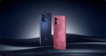 OPPO A6 Pro 5G backs in Stellar Blue and Rosewood Red on a dark curve