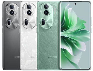 Four Oppo Reno 11 Pro smartphone showing the back and front view angles.