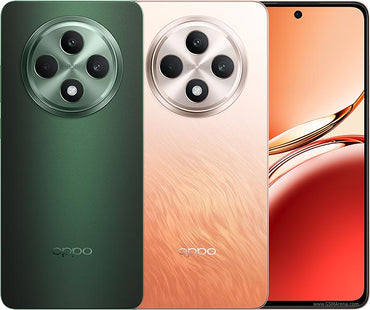 OPPO Reno12 F 5G smartphone showing the front screen display and rear camera setup in a gold color and green color.