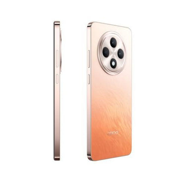 OPPO Reno12 F 4G smartphone in orange color, showing the front and side profile, highlighting the camera module.
