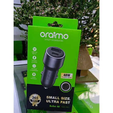 Compact Oraimo 48W car charger in a Box