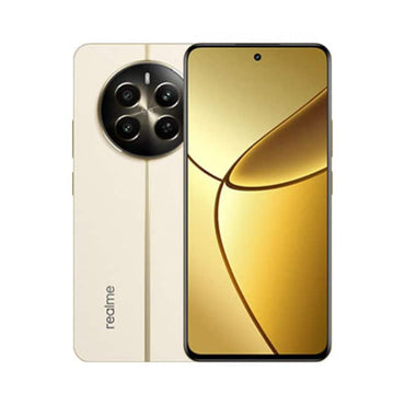 A green Realme 12+ 5G smartphone showcasing its rear camera setup and the 'realme' logo on the back and a golden screen