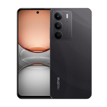 Realme C75 in Storm Black, front and back view with the 50MP camera module