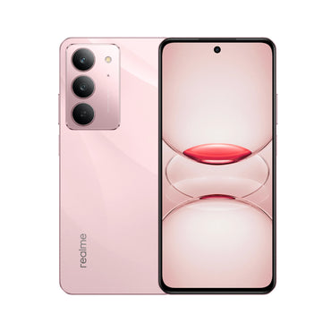 Realme C75X in Coral Pink, front and back view on a white background