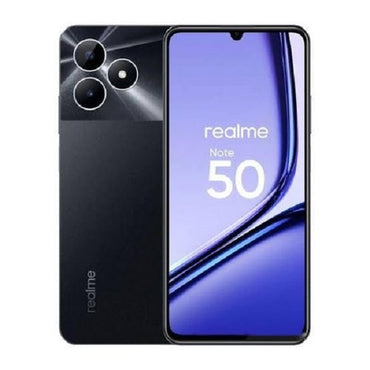 Realme Note 50 smartphone in black color with dual rear cameras and the brand logo visible on the front screen.