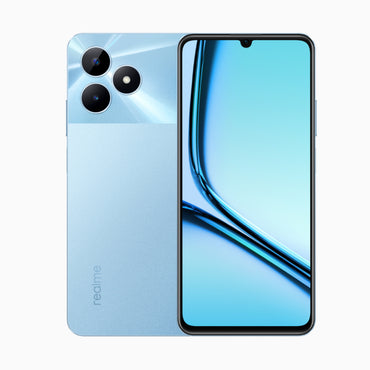 Realme Note 50 smartphone in blue color showing the front screen display and dual rear cameras.