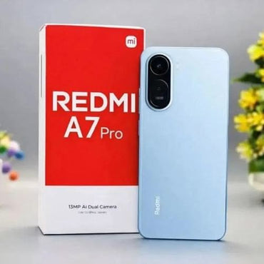 Redmi A7 Pro in mist blue, back view next to the official red Xiaomi box