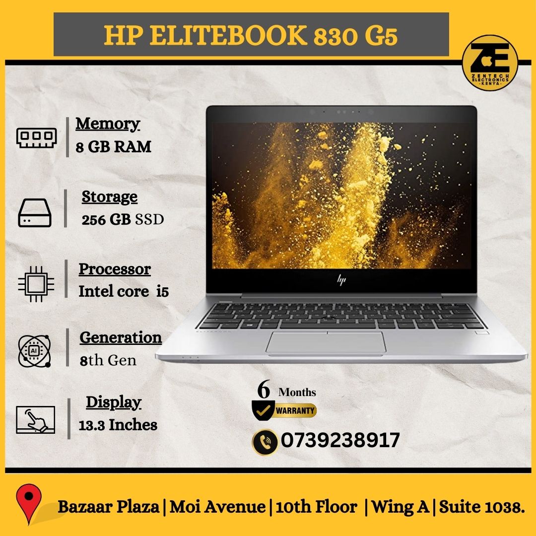 HP EliteBook 830 G5 laptop with a graphic of yellow and orange flames on the screen, showing the device's display and keyboard, indicating a Refurbished product.