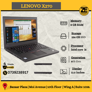 Lenovo X270 laptop with a black keyboard and a display showing a graphical user interface. The laptop is open on a flat surface and the image captures the profile and front view of the device.