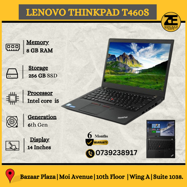 Advert of Refurbished LenovoT460s Intel i5-6th Gen 8GB RAM+ 256GB SSD 14" Display (Touch and Non-Touch) photographed on a clean desk showing the slim profile