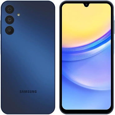Samsung Galaxy A15 smartphone in blue color, showing both front and back sides with camera modules visible.