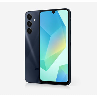 Samsung Galaxy A16 smartphone in blue color with a visible triple camera setup on the back.