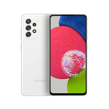 Samsung Galaxy A53 5G smartphone in white color showing the front with the display on and the back with the quad-camera system.