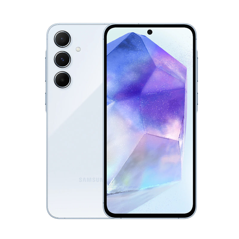 White Samsung Galaxy A55 5G front display 120Hz, Galaxy A55 triple camera close-up