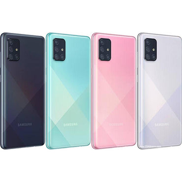 Four Samsung Galaxy A71 quad-camera module close-up in different colors