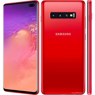 Samsung Galaxy S10 Plus smartphone showing front screen display and dual selfie camera on the top within a red casing.