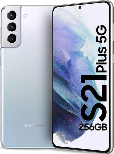 Samsung S21 Plus 5G smartphone showing front and back views with '256GB' text.
