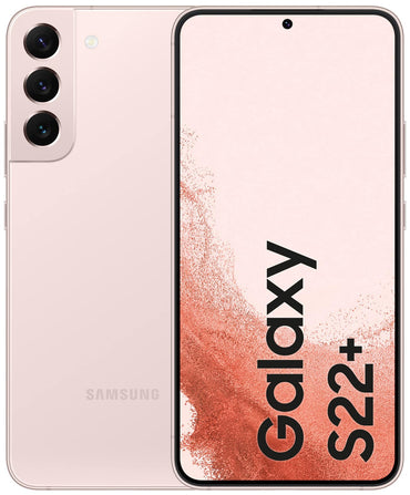 Samsung Galaxy S22 Plus smartphone in pink color, showing the front screen display and rear camera setup.