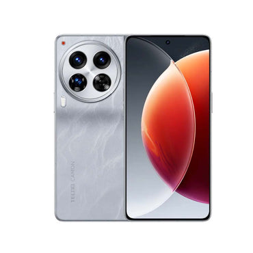 Silver Tecno Camon 30S smartphone showing the front screen display and rear camera setup.