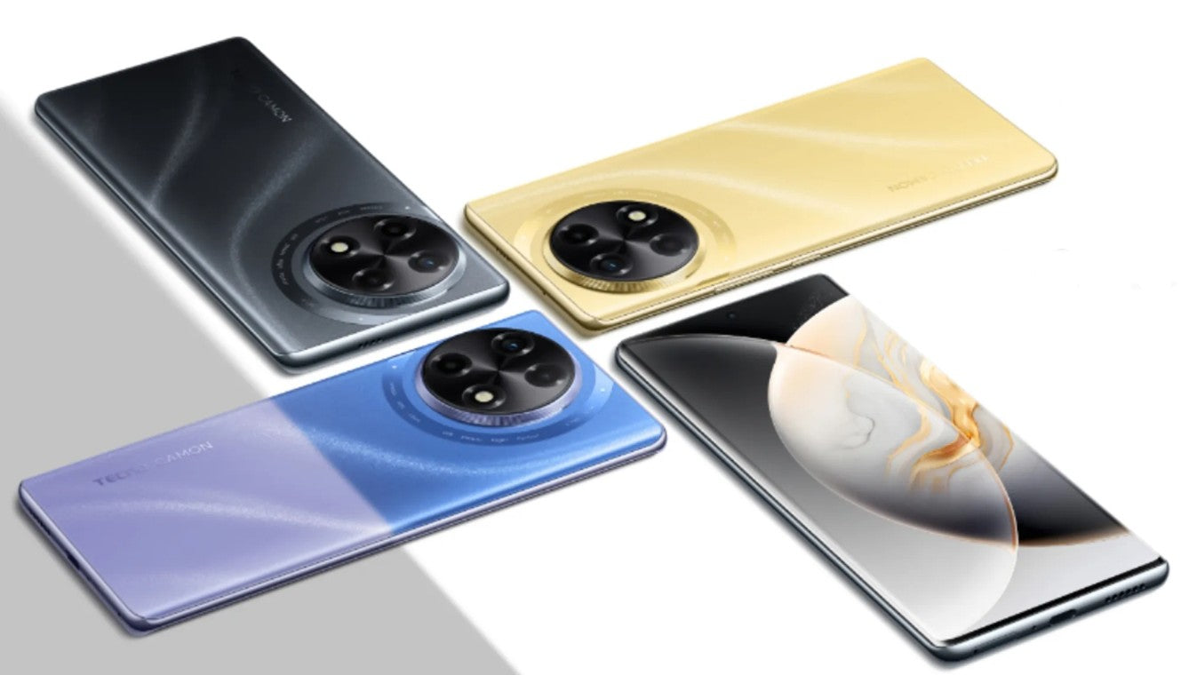 Four Different Coloured Tecno Camon 30S smartphone showing the front screen display and rear camera setup.