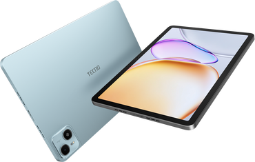 Tecno MegaPad SE in Glacier Blue, official back with the dual-look camera and the 11-inch front