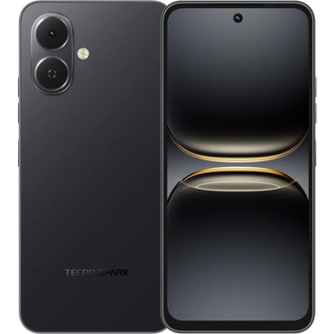 Tecno Pop 10 in ink black, back and front view with the dual camera module