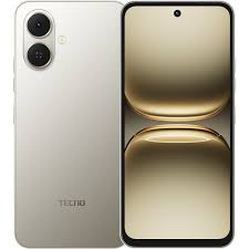 Tecno Pop 10 in veil white, back and gold-tinted front screen