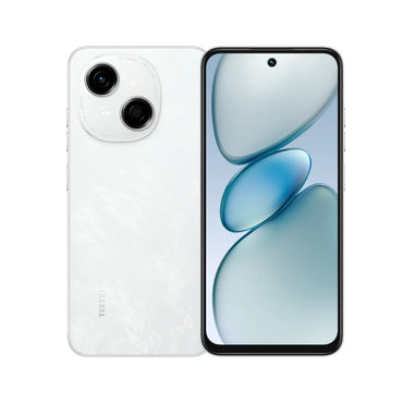 White TECNO Pop 9 smartphone in two colors, black and white, with dual rear cameras.