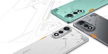 Tecno Pova Curve 5G three colour backs from above on a line-drawing background