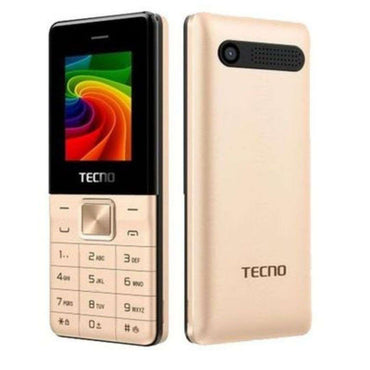 A brown TECNO T529 feature phone displaying the front view with the screen off and the back view showing the camera and the flashlight.