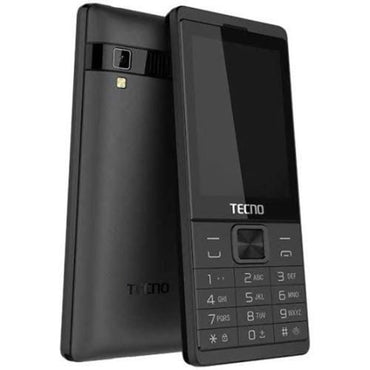 A black TECNO T529 feature phone displaying the front view with the screen off and the back view showing the camera and the flashlight.