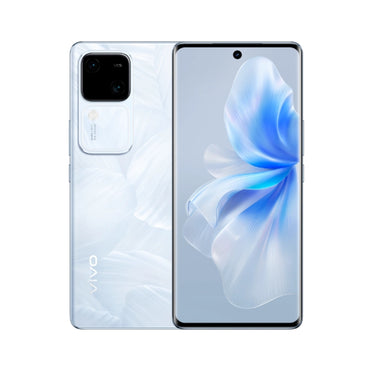 White Vivo V30 120Hz AMOLED Display with Rear Camera in display with a screen showing a flower like image