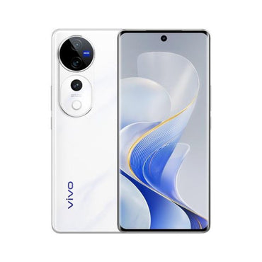 A white Vivo V40 5G smartphone showing the rear camera setup and front camera