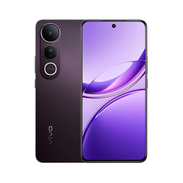 vivo V50 Lite 5G in a dark plum back with the dual camera and a purple AMOLED front