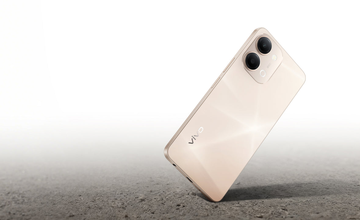 vivo Y11d in Sunrise Gold, official back with the 50MP camera island on a grey surface